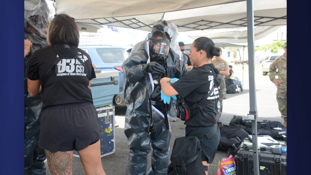 Jaime Mariano, a member of the Survey Team, is assisting her colleague in ensuring that the hazmat suit is fully sealed on July 24, 2025. (Picture Credit: Xiomara Yamileth/ Kaua'i Now)