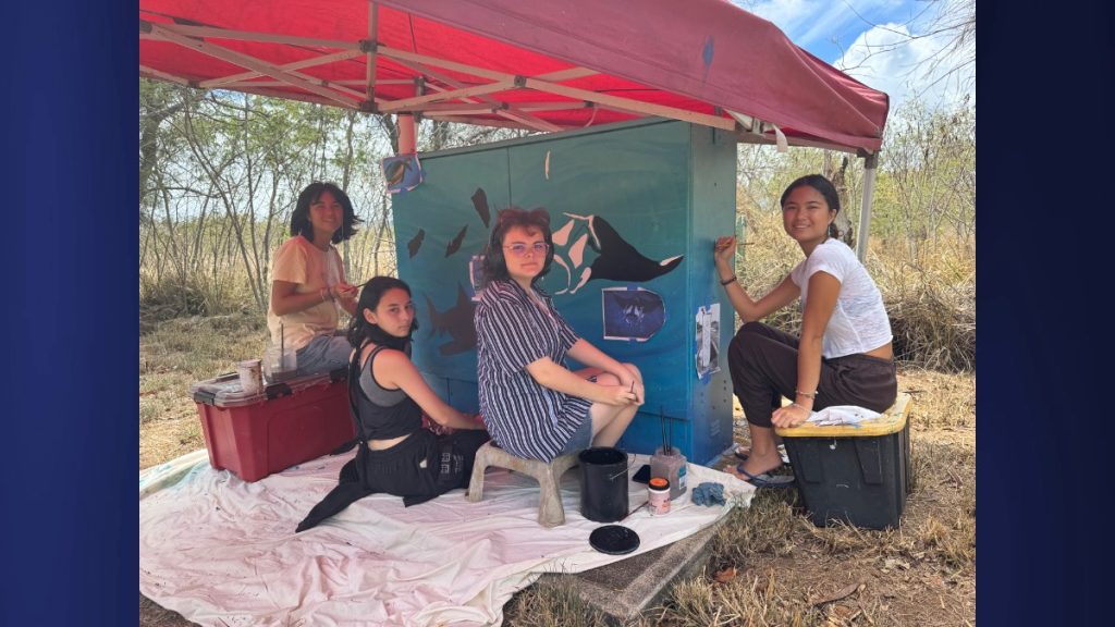 Left: Rain Hannsz, Malia Bergeron, Zillary Watts, and Chloe Hannsz spent a day this summer collaborating at the Hanapẽpẽ box. (Photo Credit: Kayti Lathrop)