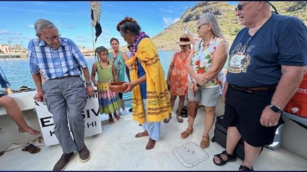 Kumu Sabra Kauka, onboard the new vessel, held a special blessing on Aug. 29 at the Nawiliwili Small Boat Harbor, where the community gathered for the event. (Photo Credit: The Kaua'i Sea Scouts)