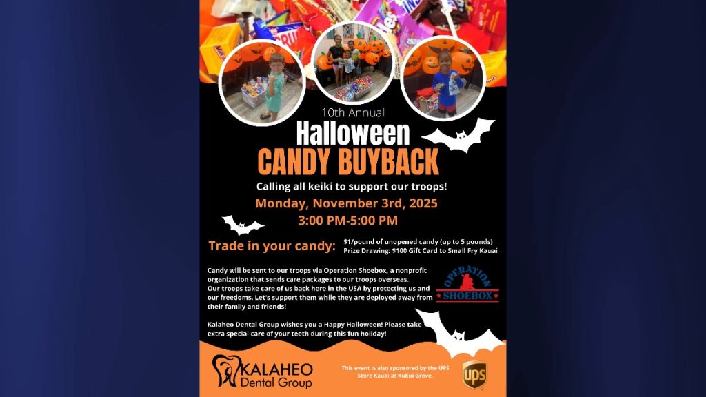 Join Kalāheo Dental Group for their 10th Annual Halloween Candy Buyback event on Monday, November 3rd, from 3 to 5 p.m.Image Credit: Kalāheo Dental Group)
