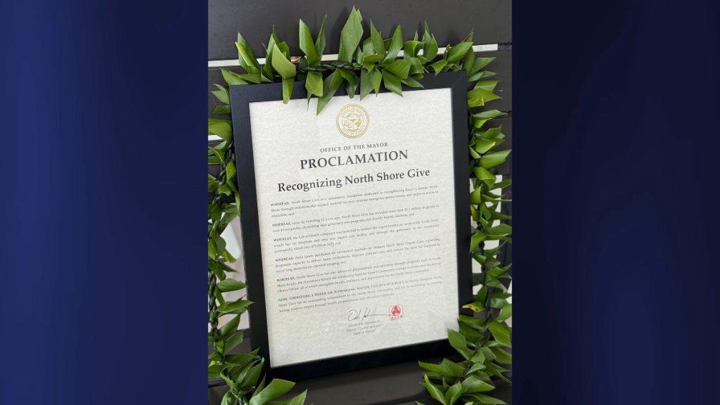 A proclamation recognizing North Shore Give was presented at Makana North Shore Urgent Care in Princeville on Tuesday, Oct. 21, 2025. (Photo Credit: Xiomara Yamileth/ Kaua'i Now)
