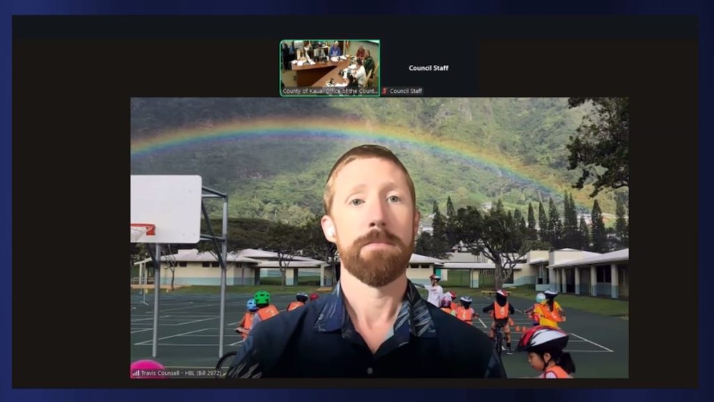 During Wednesday’s meeting, Travis Counsell, executive director of the Hawaiʻi Bicycle League, shared his expertise and offered his remarks. (Photo Credit: Screenshot from the Public Works and Veterans Services Committee)