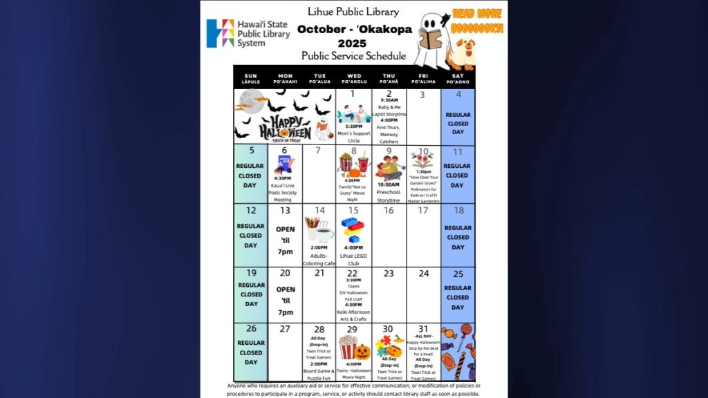 Here is a complete calendar of events scheduled for October 2025. (Photo Credit: Līhu'e Public Library)