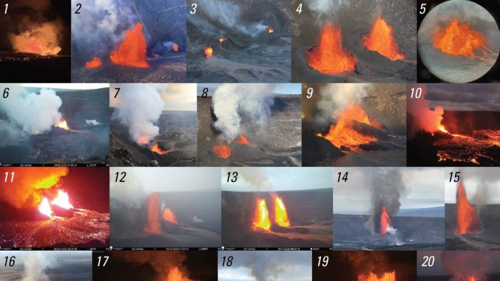 Photo compilation of the 38 lava fountaining episodes that occurred the first year of the ongoing eruption at the summit of Kīlauea. The eruption started Dec. 23, 2024, and continues: Episode 39 is expected soon. Compilation includes webcam imagery and photos taken by Hawaiian Volcano Observatory scientists on the ground and during helicopter overflights. In all photos, except Episode 7, the south vent is on the left and the north vent is on the right. For the Episode 7 photo, the north vent is in the center and the south vent is below to the right. The Episode 5 photo only shows north vent. The Episode 30 photo also shows a fissure on the south wall that was active in the first few hours of the episode. (Photo Compilation Courtesy: Hawaiian Volcano Observatory)