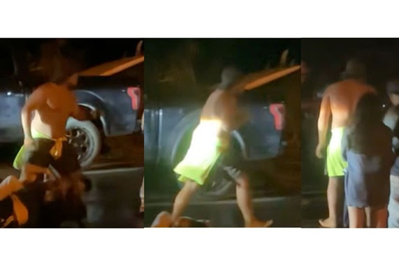 Person of Interest 4: No shirt, wearing dark shorts, a fluorescent green long sleeve shirt tied around the waist and a dark hat. (Screenshot: Kauaʻi County)