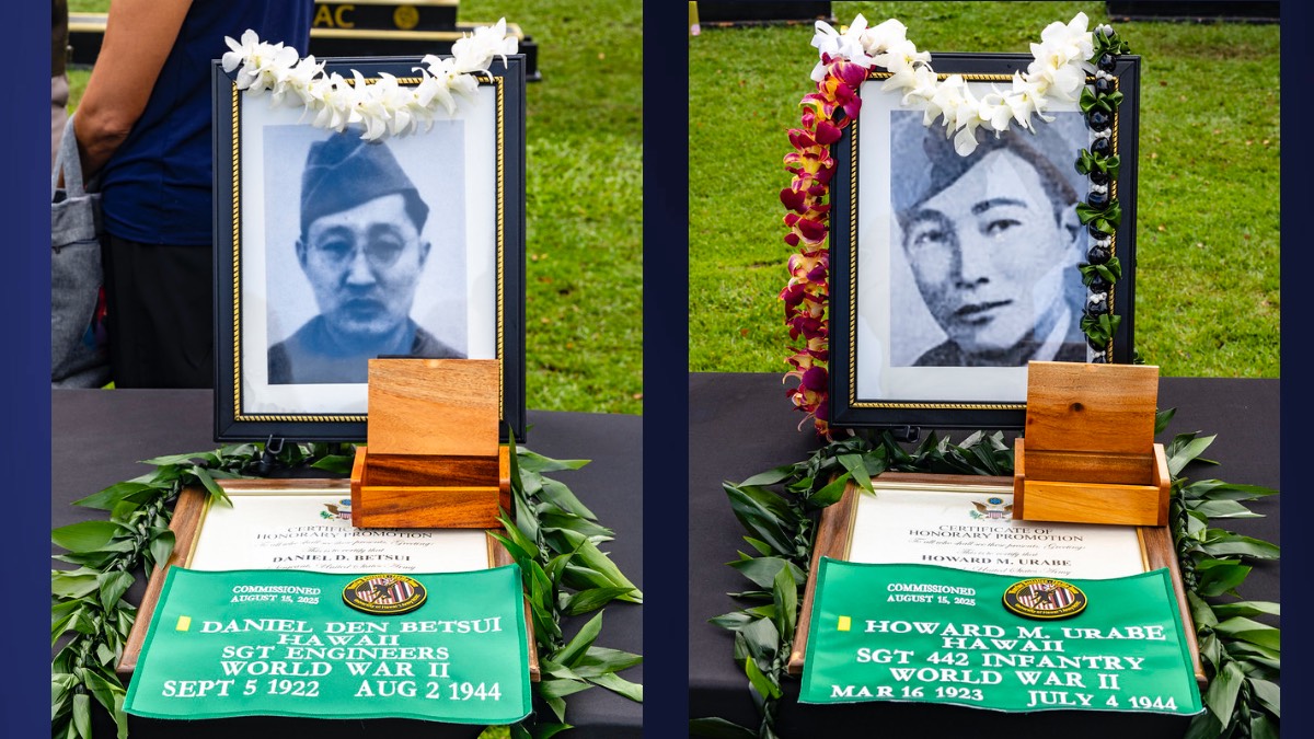 Sgt. Daniel Betsui (right) and Sgt. Howard Urabe, two of the generation of Japanese American soldiers known as Nisei, were posthumously promoted to the rank of second lieutenant. (Photo Credit: Sgt. Egypt Johnson)
