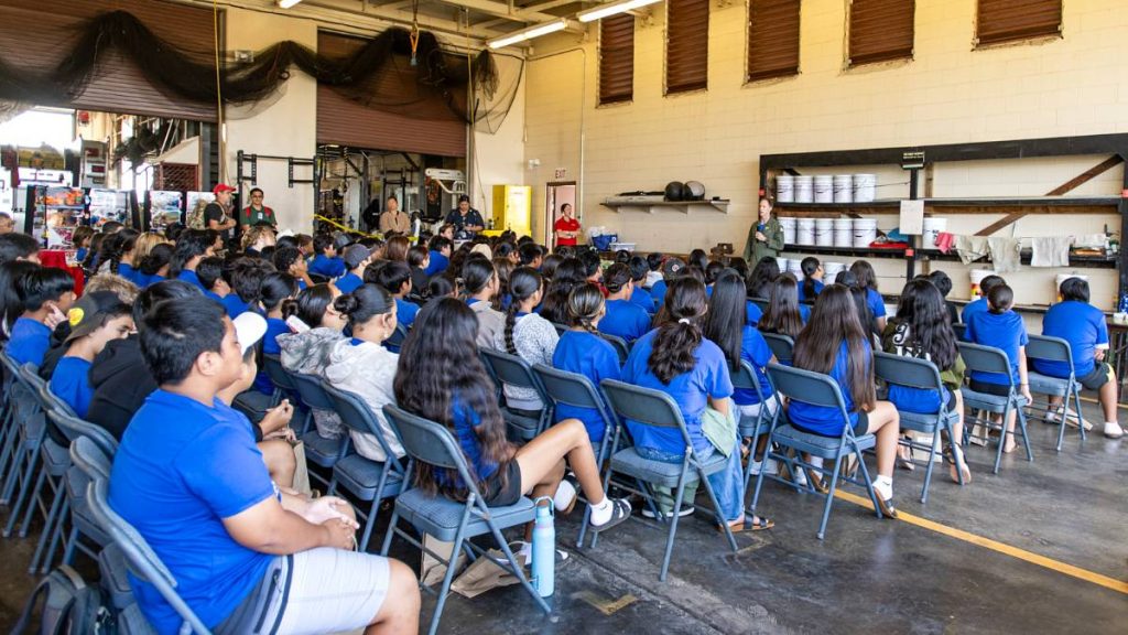 The Pacific Missile Range Facility at Barking Sands hosted a workforce awareness event for local students highlighting the various careers available on base. Students engaged in interactive presentations, live demonstrations and facility tours of its military, civilian and contractor careers. (U.S. Navy Contributed photo by PMRF's Meighan Parubrub)