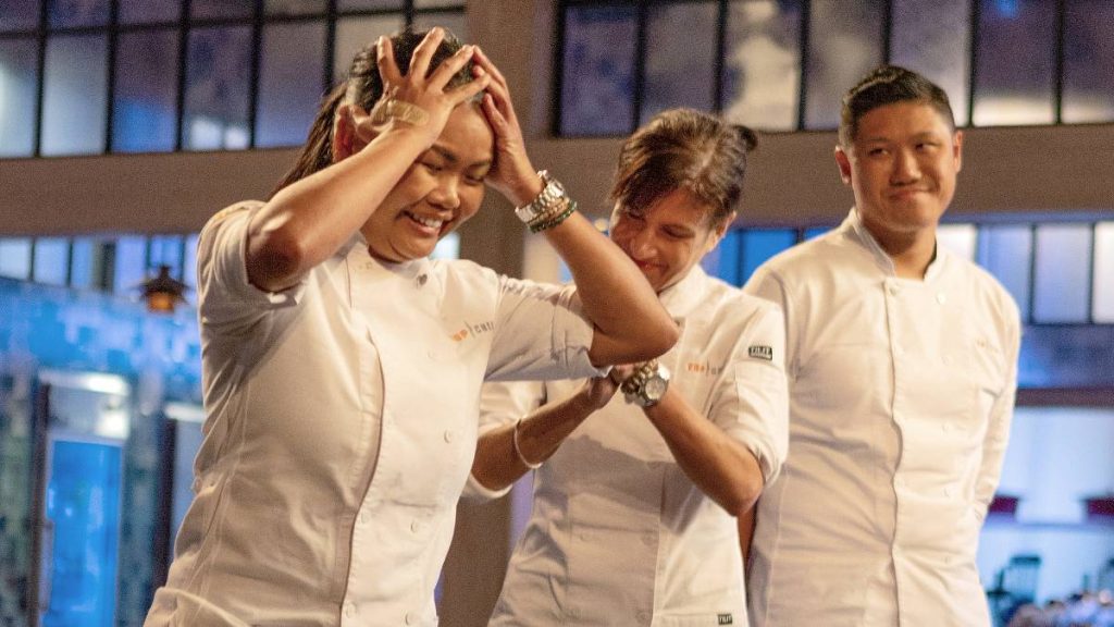 Chef Rhoda Magbitang reacts to winning season 23 of Top Chef. (Photo by: Paul Cheney/Bravo)