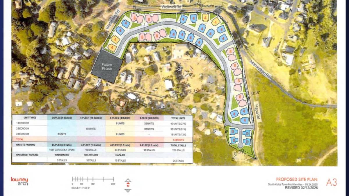 The proposed 148-unit housing project in Kōloa would have 31 plantation-style, two-story buildings with two, four and eight units. (Courtesy: SK Investors LLC)