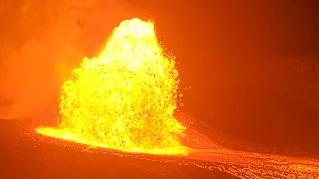 Screenshot from livestream V3 camera as of 8:01 p.m. July 28, 2026, of Episode 52 lava fountaining at the Kīlauea summit on the Big Island.