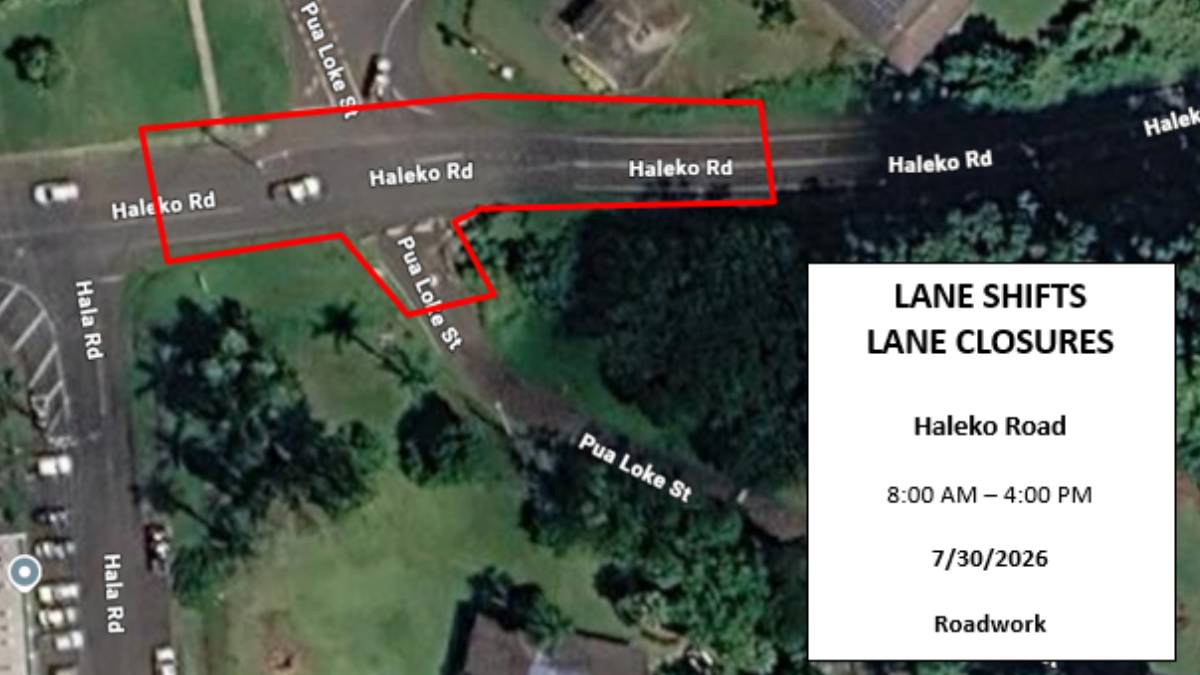 Road work alert for July 30: Lane shifts with possible lane closures for portion of Haleko Road in Līhue