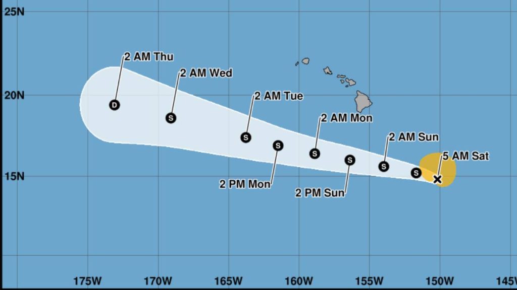 Tropical Storm Moke's expected track and timing as of the 5 a.m. Saturday advisory from the National Hurricane Center.