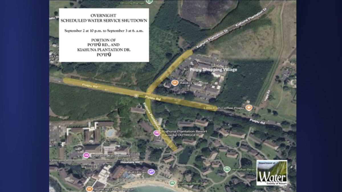 Water service will shut down overnight in part of Poipū Sept. 2 and 3