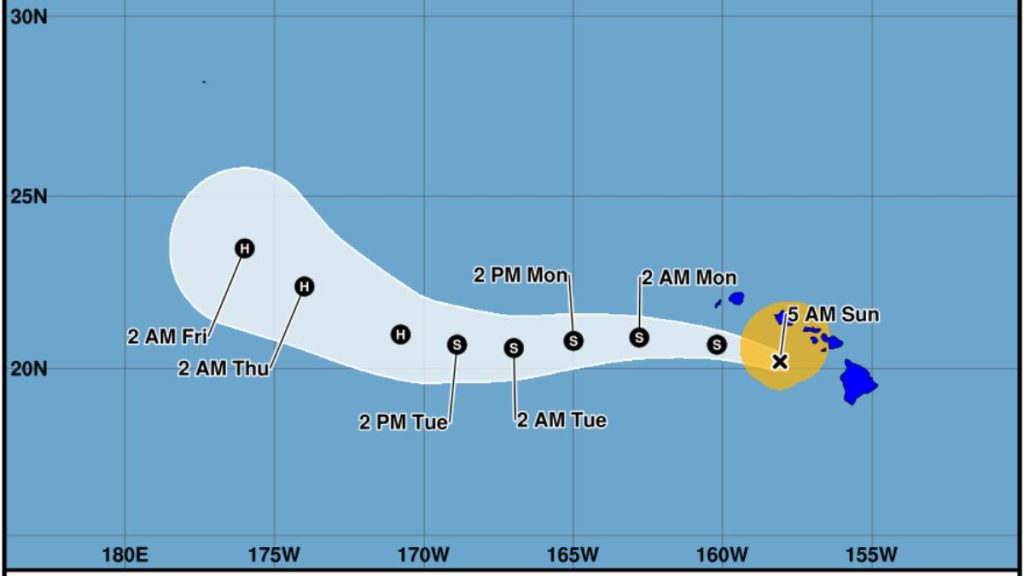 Lala was downgraded to a tropical storm and as of 5 a.m. on Sunday it was 140 miles west-northwest of Kailua-Kona. (Map: National Hurricane Center)