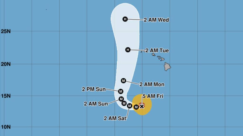 The forecast track of Hurricane Lowell as of the 5 a.m. advisory on Sept. 4, 2026, from the Central Pacific Hurricane Center.