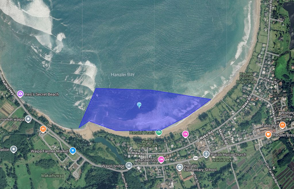 The Hawai'i Department of Health has issued a brown water advisory for Waioli Beach Park in Hanalei. (Map: Department of Health)