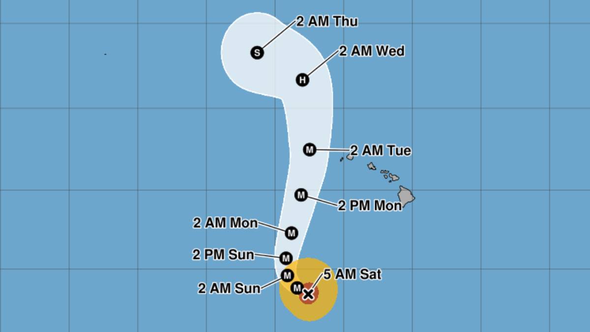 The forecast cone of Hurricane Lowell as of the Sept. 5, 2026, 5 a.m. advisory of the Central Pacific Hurricane Center.