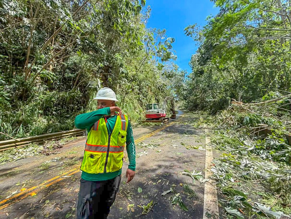 This man is one of many workers clearing fallen trees and debris from Kauaʻi roads after Hurricane Lowell passed through. Sept. 8, 2026. (Xiomara Yamileth/Kauaʻi Now)