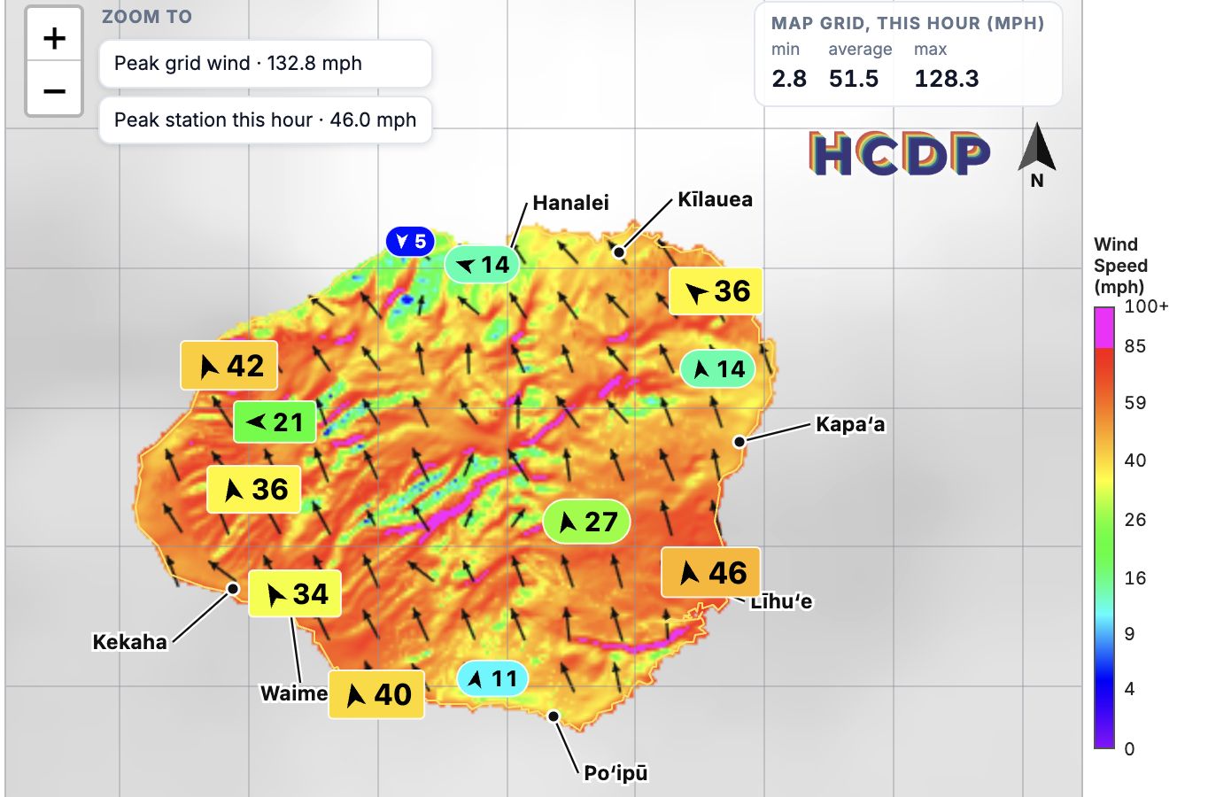 The University of Hawaʻi reconstructed Hurricane Lowell hour by hour across Kauaʻi and the state using observations from the Hawaiʻi Mesonet, a statewide network of weather stations, alongside experimental high-resolution mapping tools. (Wind speed map: University of Hawaiʻi)