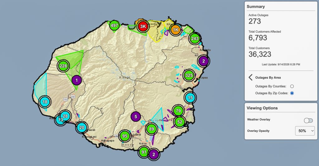 There were 6,793 customers still without power from Hurricane Lowell as of Sept. 14 at 12:38 p.m. (Map: Kauaʻi Island Utility Cooperative)