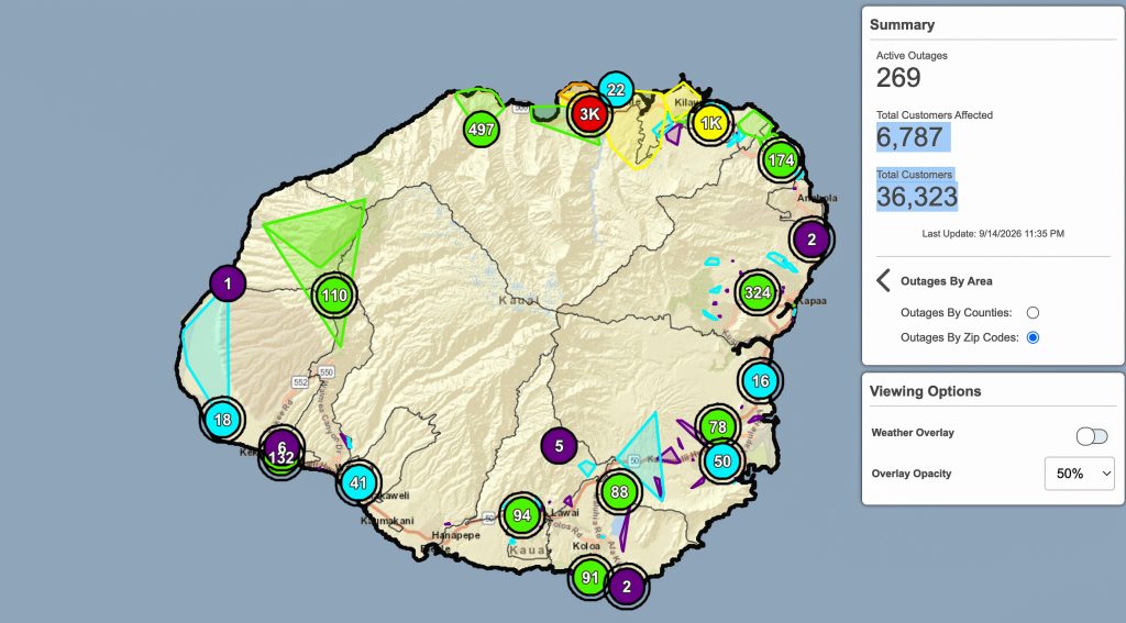There were 6,787 customers still without power from Hurricane Lowell as of Sept. 14 at 5:30 p.m. (Map: Kauaʻi Island Utility Cooperative)