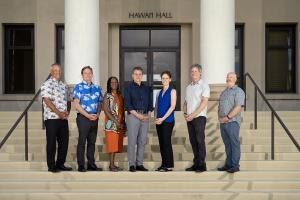 From left: Environmental law professors David M. Forman and Richard Wallsgrove, Camille Nelson (Dean of the William S. Richardson School of Law), Vassilis L. Syrmos (UH Mānoa Chancellor), Margaret McManus (Director of the Uehiro Center for the Advancement of Oceanography), Chip Fletcher (Dean of the School of Ocean and Earth Science and Technology) and Glenn Carter (Chair of the Department of Oceanography). (Photo courtesy: University of Hawaiʻi at Mānoa)