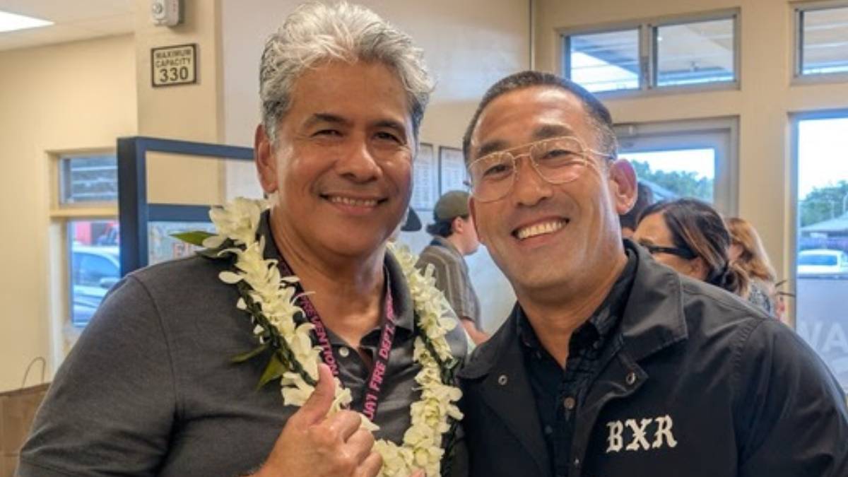 Kauaʻi Emergency Management Agency Executive Officer Sol Kanoho (left) and Mayor Derek S.K. Kawakami at a Wildfire Conference on May 7, 2026. (Photo credit: Kauaʻi County)
