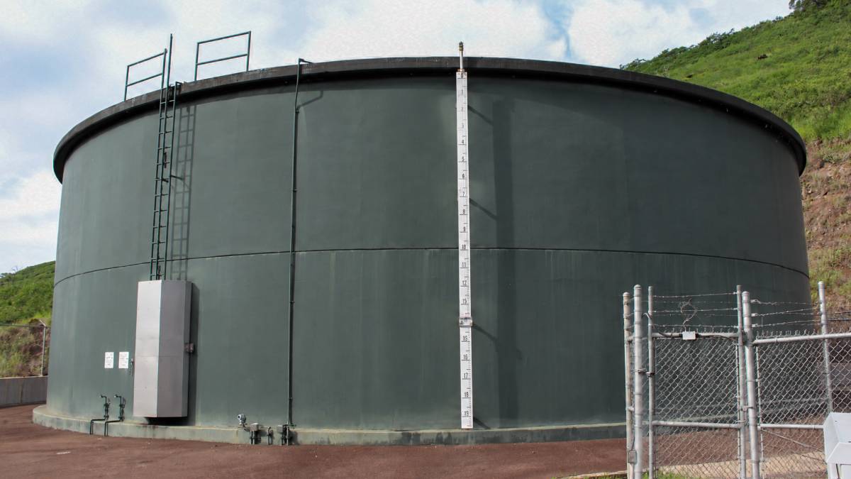 Water tank from the Kekaha-Waimea water system is part of critical infrastructure for the U.S. Navyʻs Pacific Missile Range Facility. (Photo Credit: Kauaʻi County)
